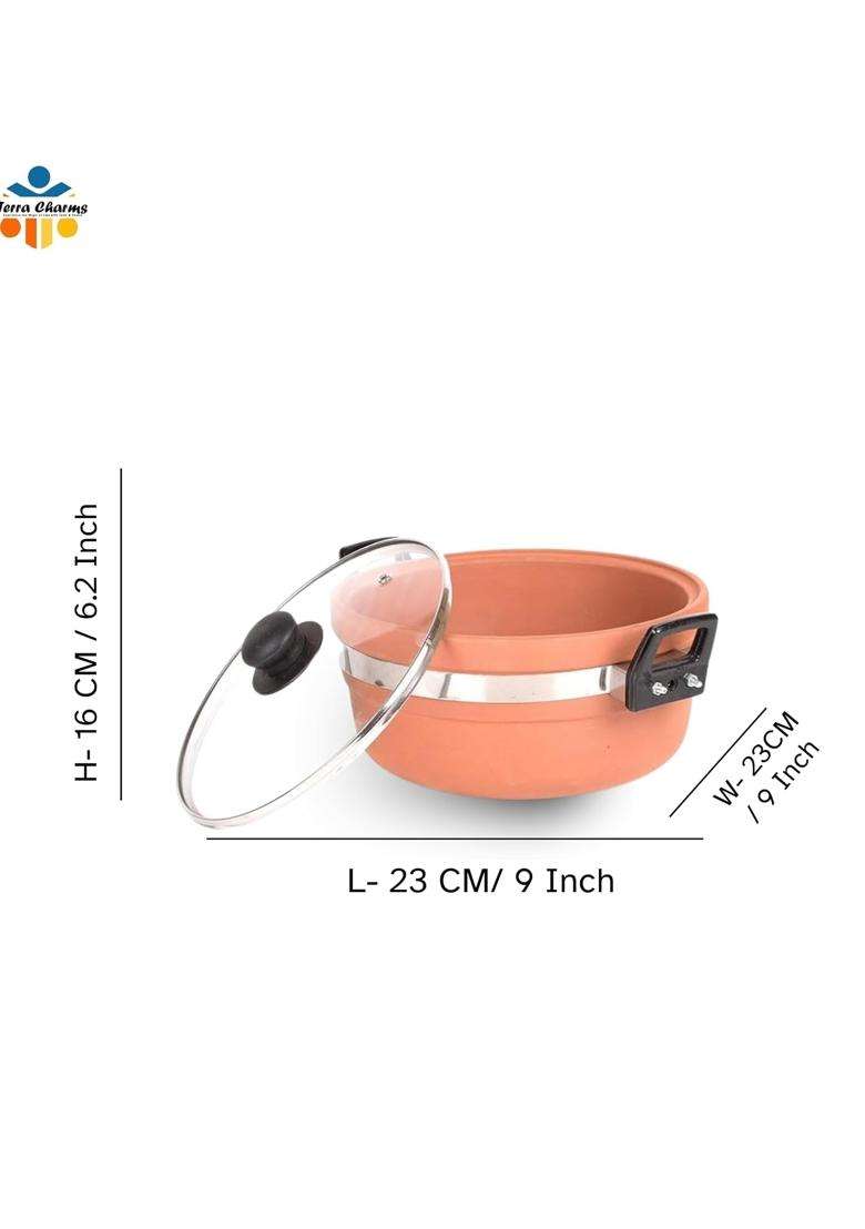 Terra Charms Clay Kadhai Wok Handmade Clay Kadhai for Making Tadka | 1.5 L | 1.6 Qt | With Lid - Indya