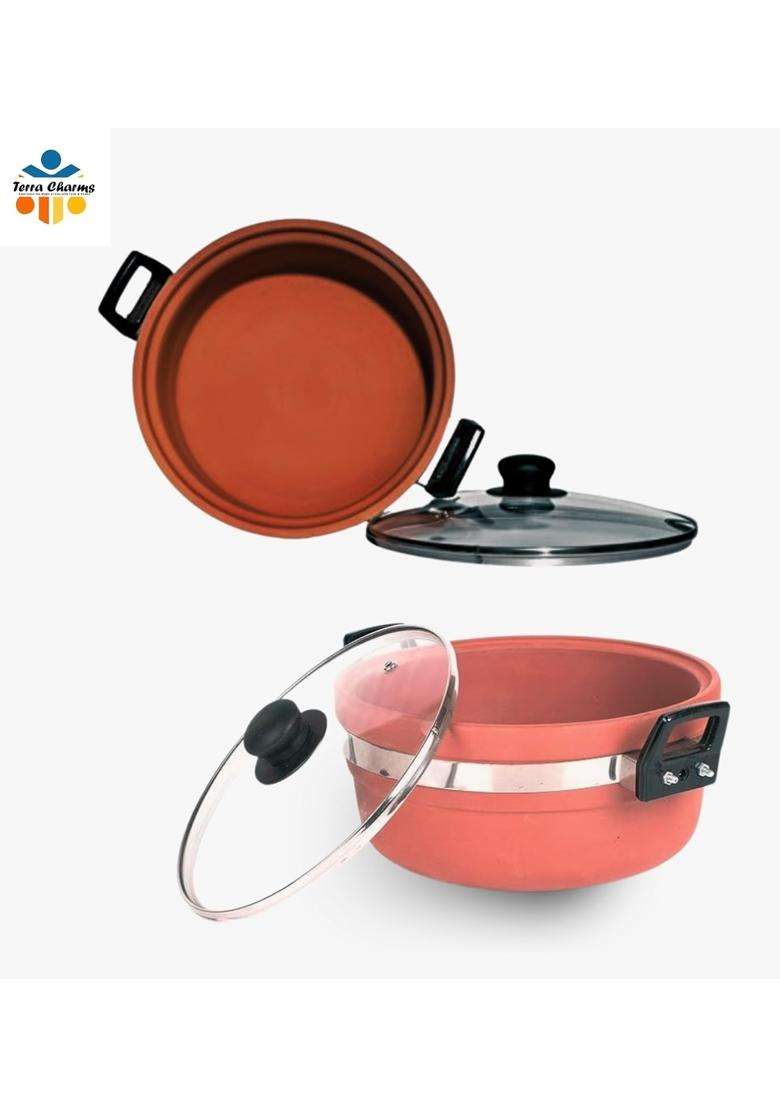 Terra Charms Clay Kadhai Wok Handmade Clay Kadhai for Making Tadka | 1.5 L | 1.6 Qt | With Lid - Indya