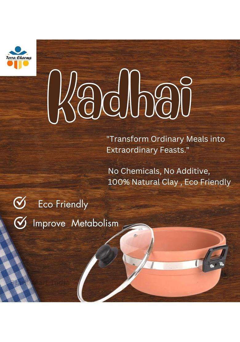 Terra Charms Clay KadhaiAuthentic Mitti Ka Kadhai Wok Handcrafted for Traditional Cooking | 1.5 L | 1.6 Qt | With Lid - Indya