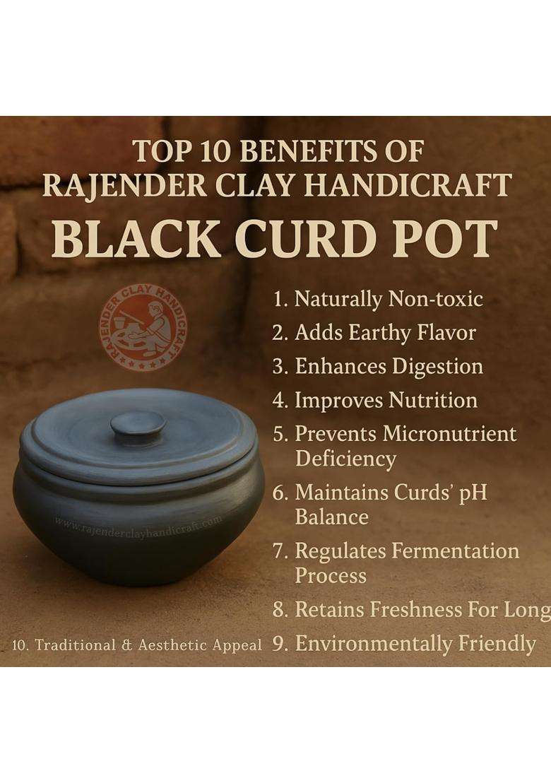 RAJENDER CLAY HANDICRAFT Handmade Dahi Handi Black Clay Curd Pot | 500 ml | 16.9 fl oz | Non-Toxic - Indya