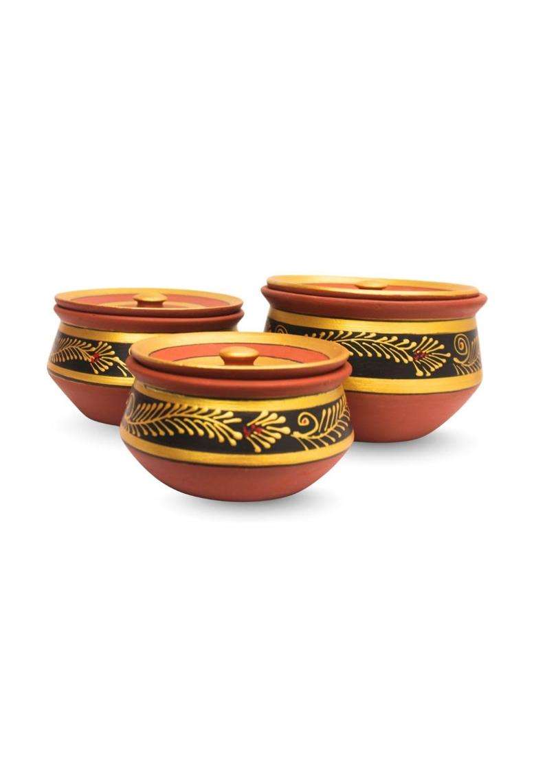 Terra Charms Round Clay Handi Cooking Pot Black | 3-Piece Set - Indya