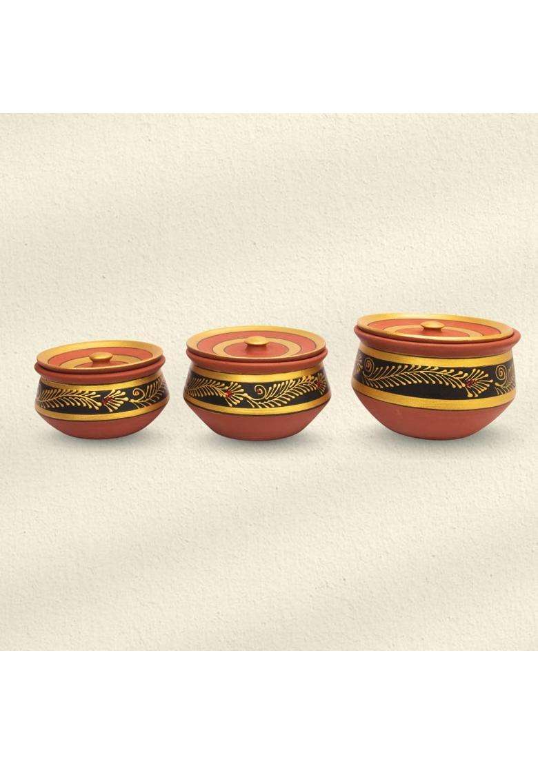 Terra Charms Round Clay Handi Cooking Pot Black | 3-Piece Set - Indya