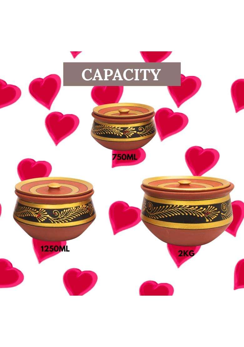 Terra Charms Black Clay Handi Cooking Pot with Lids | 3-Piece Set | Handcrafted | With Lid - Indya