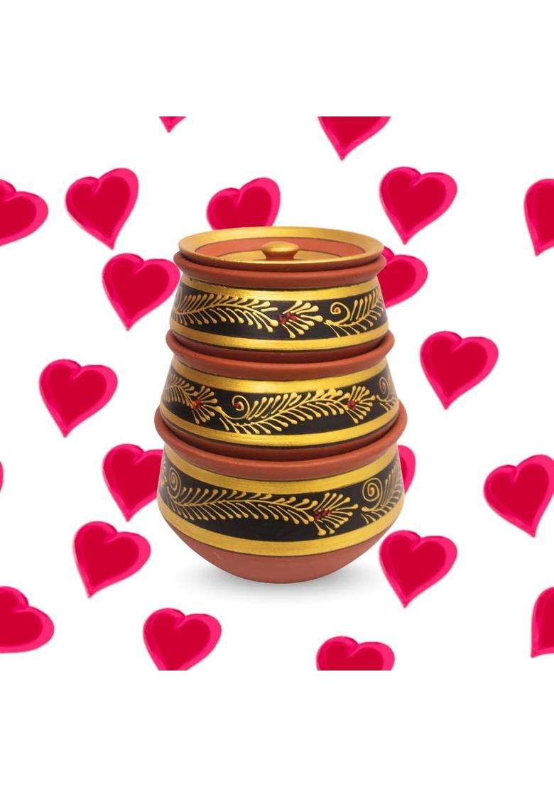 Terra Charms Round Black Mitti Handi Cooking Pot with Lids | 3-Piece Set | With Lid - Indya