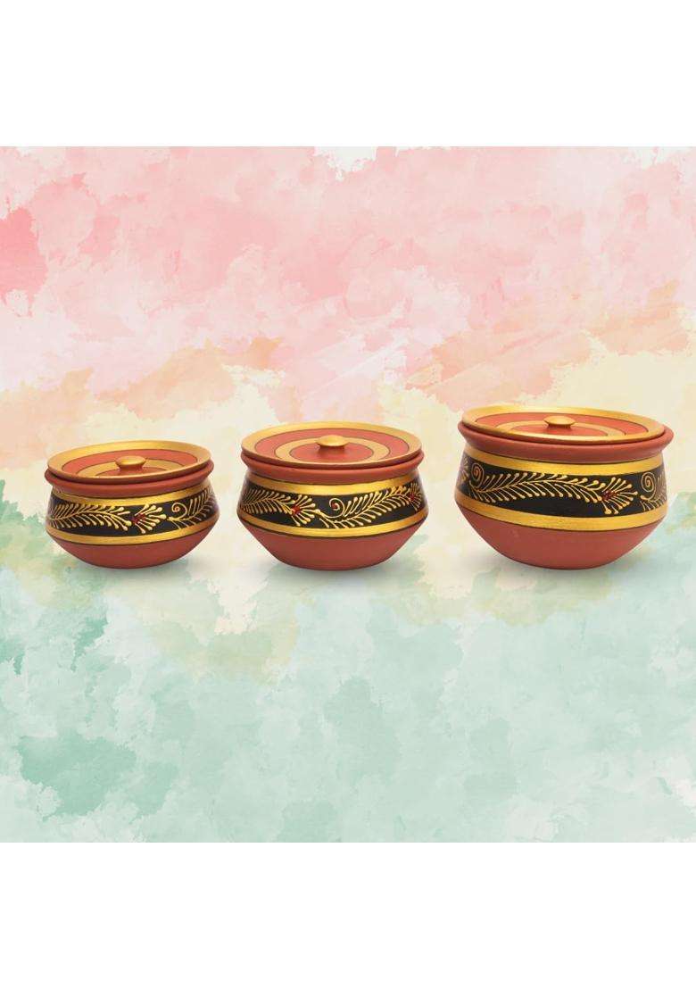 Terra Charms Hand-Painted Black Clay Handi Cooking Pot with Lids | 3-Piece Set | Handcrafted | With Lid - Indya