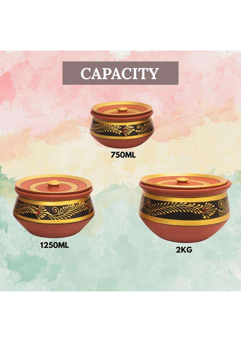 Terra Charms Hand-Painted Black Clay Handi Cooking Pot with Lids | 3-Piece Set | Handcrafted | With Lid - Indya