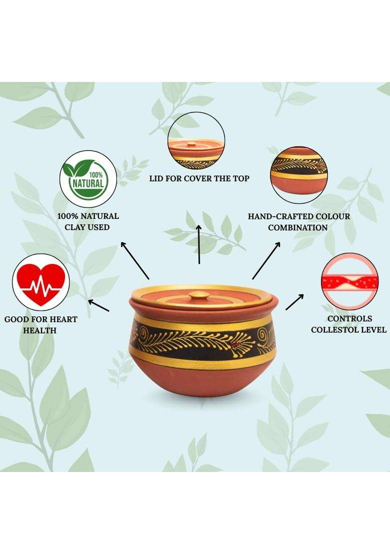 Terra Charms Painted Black Clay Handi Cooking Pot with Lids | 3-Piece Set | Handcrafted | With Lid - Indya