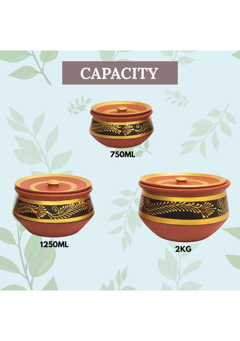 Terra Charms Painted Black Clay Handi Cooking Pot with Lids | 3-Piece Set | Handcrafted | With Lid - Indya