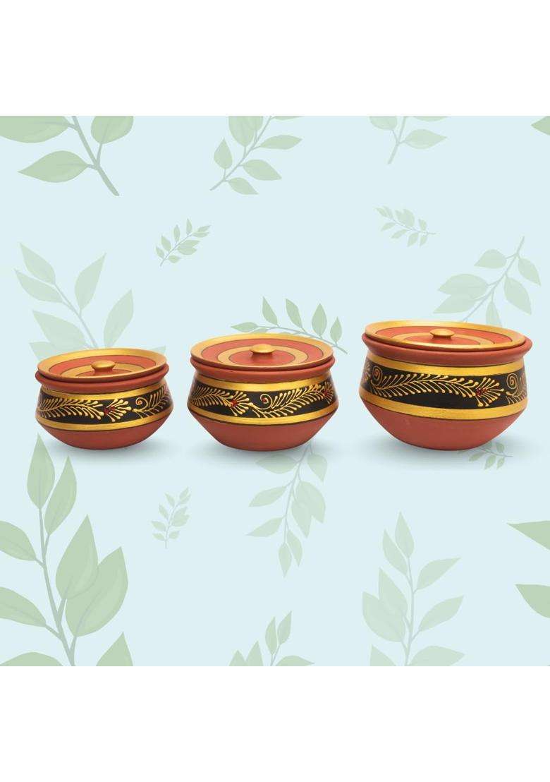 Terra Charms Painted Black Clay Handi Cooking Pot with Lids | 3-Piece Set | Handcrafted | With Lid - Indya