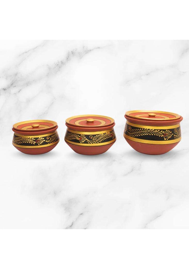 Terra Charms Round Black Clay Handi Cooking Pot with Lids | 3-Piece Set | With Lid - Indya