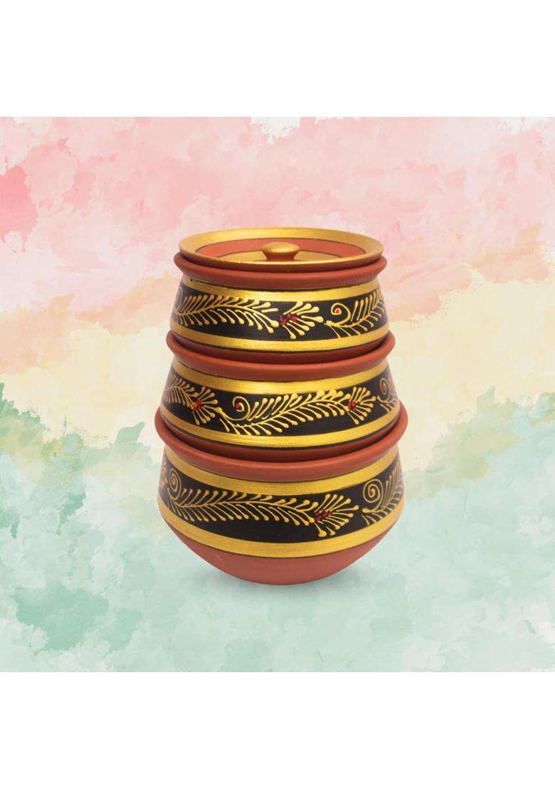 Terra Charms Black Clay Handi Cooking Pot with Painted Finish | 3-Piece Set | Handcrafted - Indya