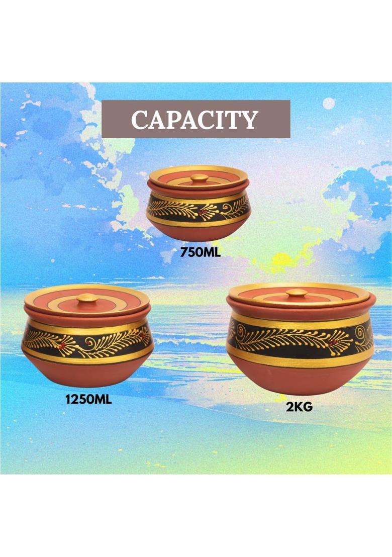 Terra Charms Black Clay Handi Cooking Pot with Lids | 3-Piece Set | Handcrafted | With Lid - Indya