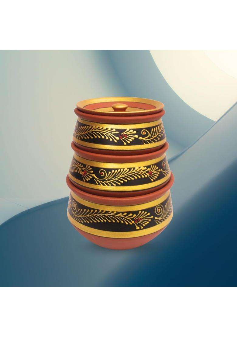 Terra Charms Painted Black Clay Handi Cooking Pot | 3-Piece Set | Handcrafted | With Lid - Indya