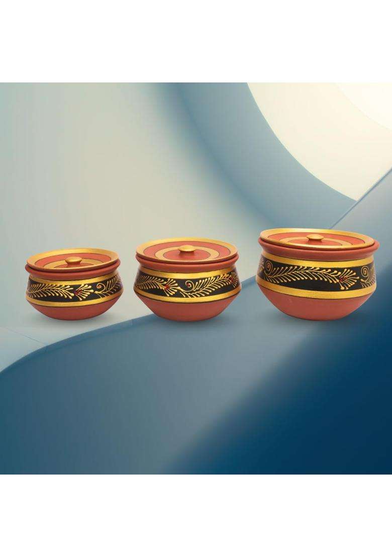 Terra Charms Painted Black Clay Handi Cooking Pot | 3-Piece Set | Handcrafted | With Lid - Indya