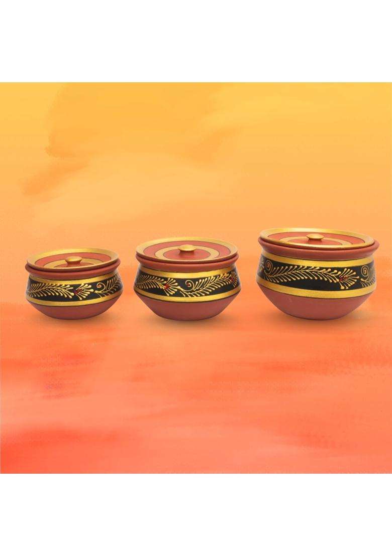 Terra Charms Handcrafted Black Clay Handi Cooking Pot with Lids | 3-Piece Set | With Lid - Indya