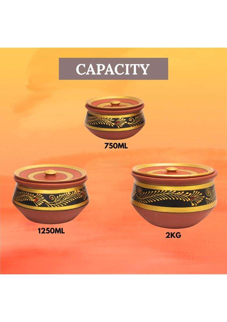 Terra Charms Handcrafted Black Clay Handi Cooking Pot with Lids | 3-Piece Set | With Lid - Indya
