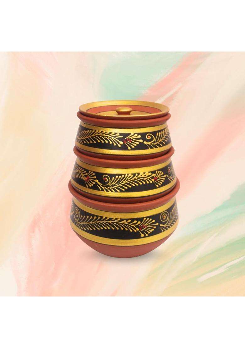 Terra Charms Round Black Clay Handi Cooking Pot with Lids | 3-Piece Set | Non-Toxic | Handcrafted | With Lid - Indya