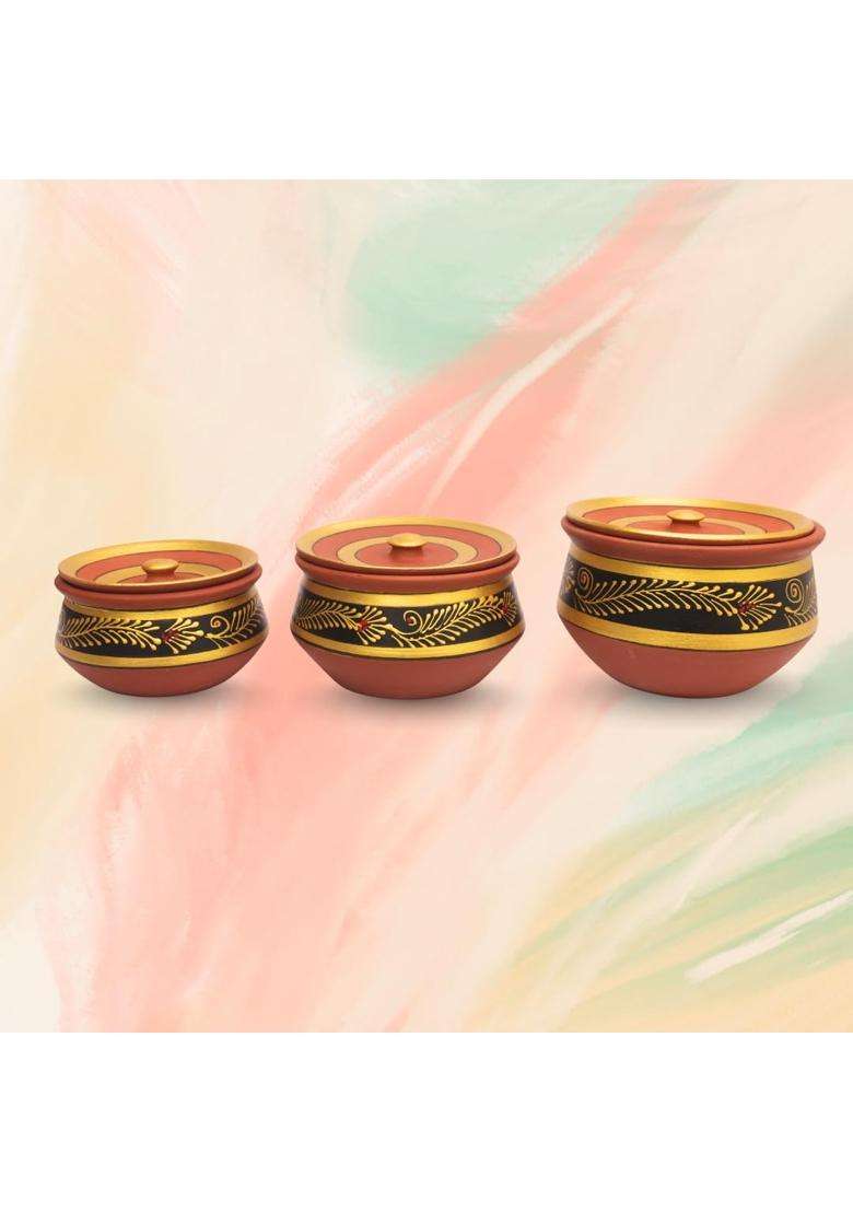 Terra Charms Round Black Clay Handi Cooking Pot with Lids | 3-Piece Set | Non-Toxic | Handcrafted | With Lid - Indya