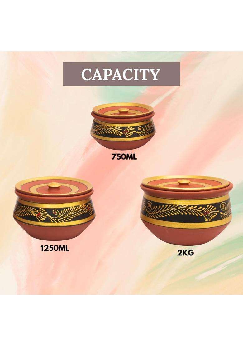 Terra Charms Round Black Clay Handi Cooking Pot with Lids | 3-Piece Set | Non-Toxic | Handcrafted | With Lid - Indya