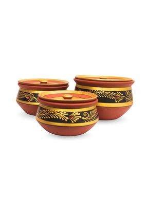 Terra Charms Black Hand-Painted Clay Handi Cooking Pot with Lids | 3-Piece Set | Handcrafted | With Lid