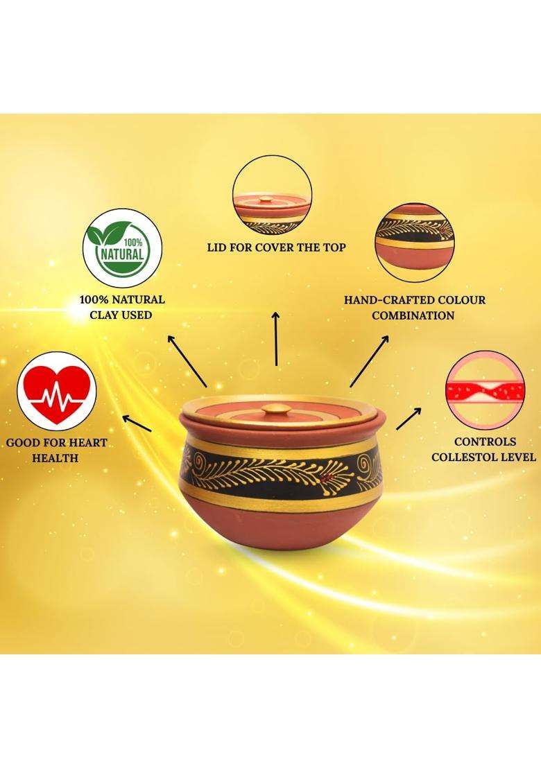 Terra Charms Black Hand-Painted Clay Handi Cooking Pot with Lids | 3-Piece Set | Handcrafted | With Lid - Indya