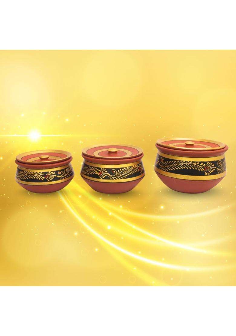 Terra Charms Black Hand-Painted Clay Handi Cooking Pot with Lids | 3-Piece Set | Handcrafted | With Lid - Indya