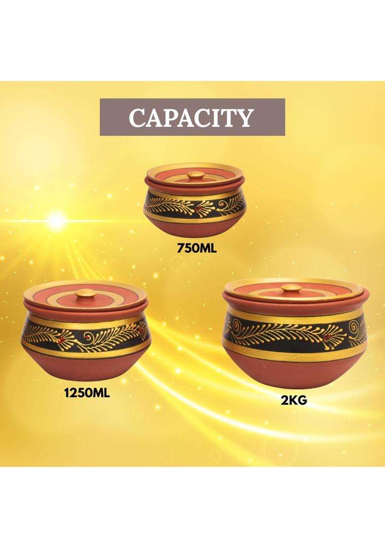 Terra Charms Black Hand-Painted Clay Handi Cooking Pot with Lids | 3-Piece Set | Handcrafted | With Lid - Indya