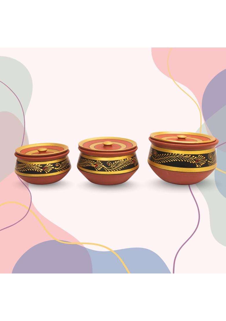 Terra Charms Handcrafted Black Clay Handi Cooking Pot with Lids | 3-Piece Set | With Lid - Indya
