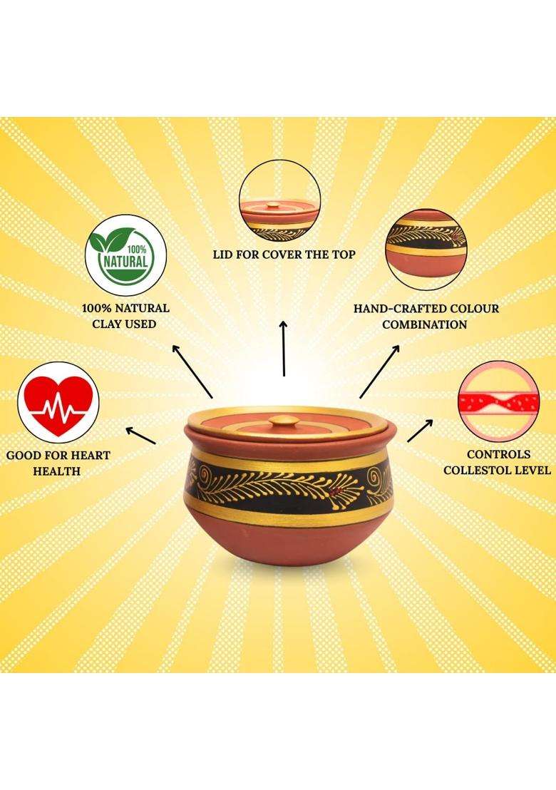 Terra Charms Black Clay Handi Cooking Pot with Lids | 3-Piece Set | Handcrafted | With Lid - Indya