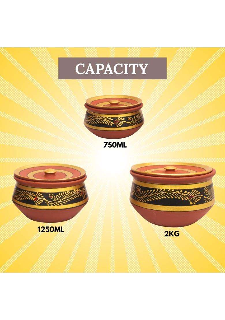 Terra Charms Black Clay Handi Cooking Pot with Lids | 3-Piece Set | Handcrafted | With Lid - Indya