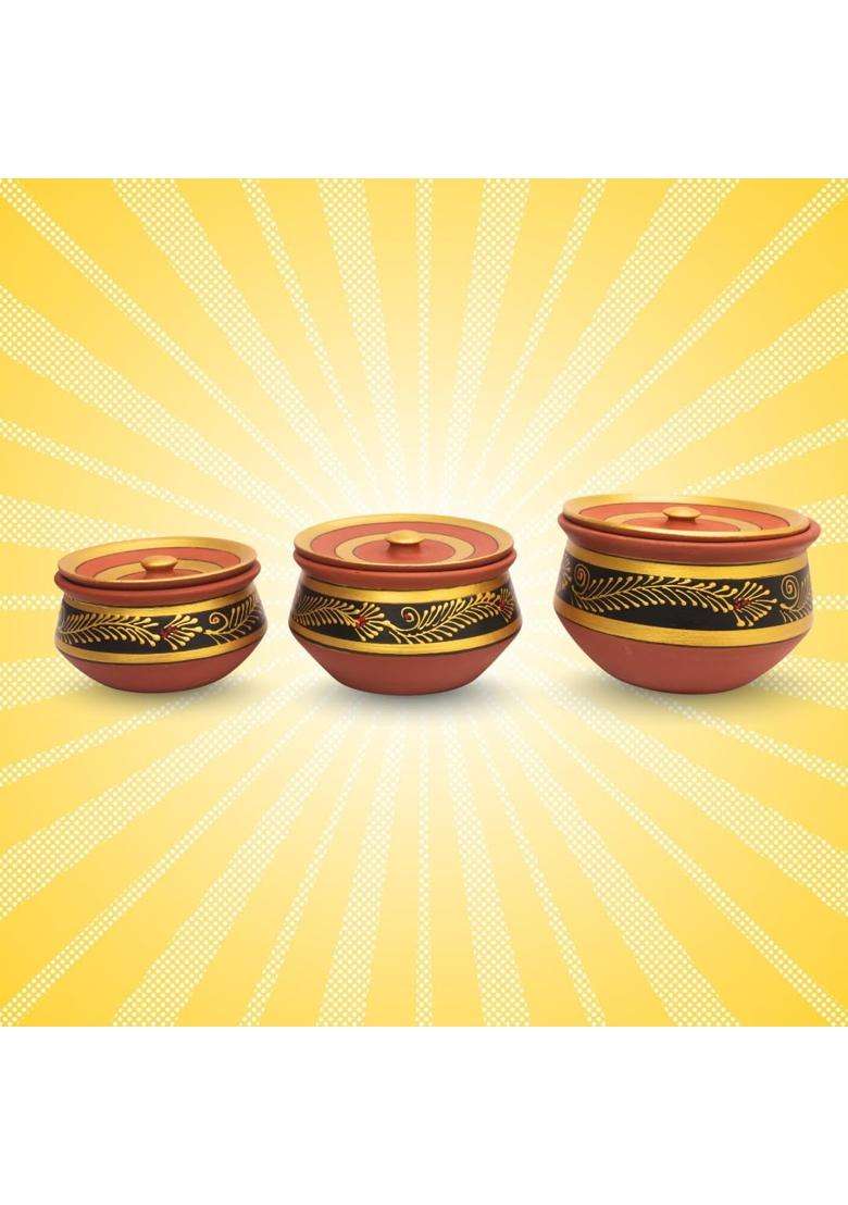 Terra Charms Black Clay Handi Cooking Pot with Lids | 3-Piece Set | Handcrafted | With Lid - Indya