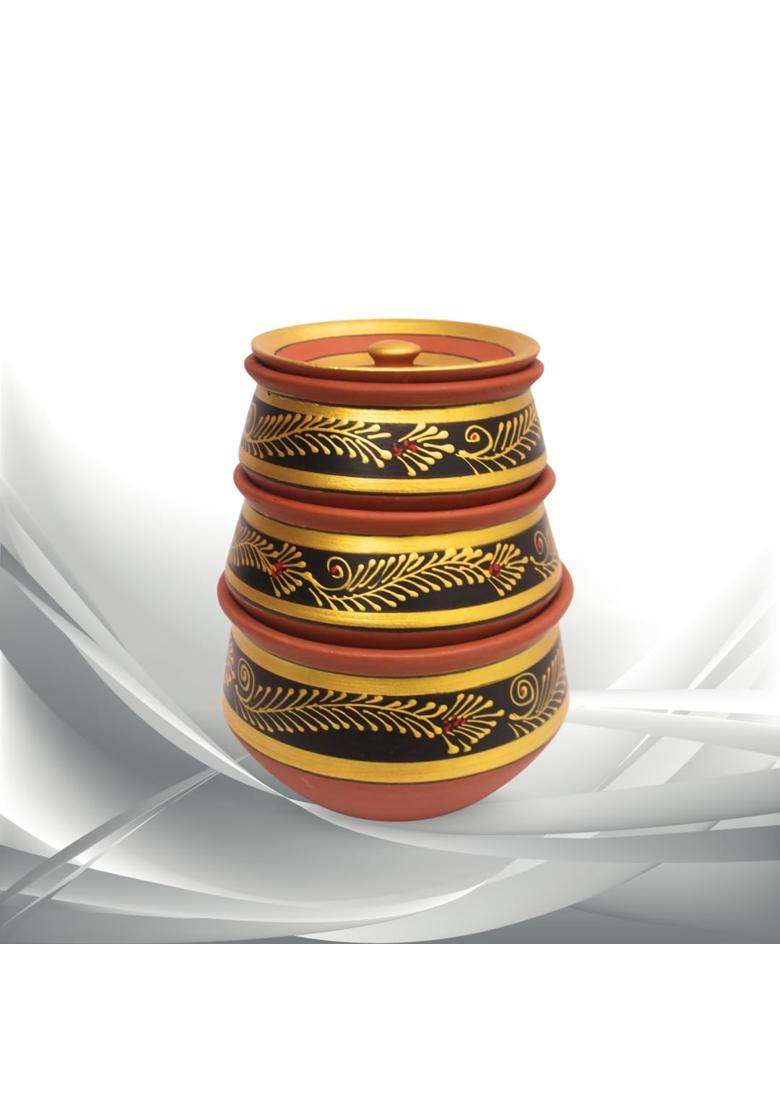 Terra Charms Handcrafted Black Clay Handi Cooking Pot with Lids | 3-Piece Set | With Lid - Indya