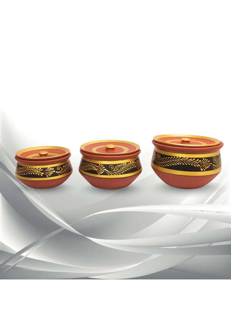 Terra Charms Handcrafted Black Clay Handi Cooking Pot with Lids | 3-Piece Set | With Lid - Indya