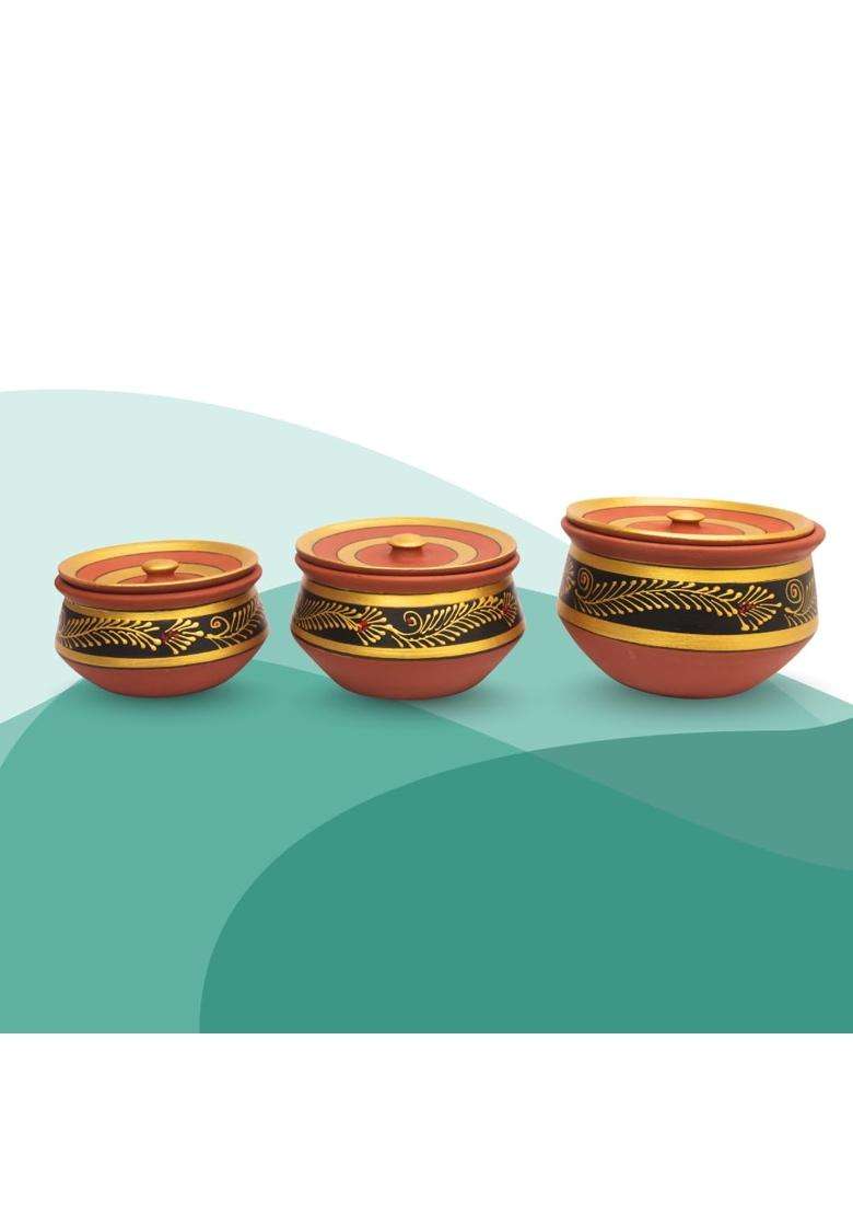 Terra Charms Black Hand-Painted Clay Handi Cooking Pot with Lids | 3-Piece Set | With Lid - Indya