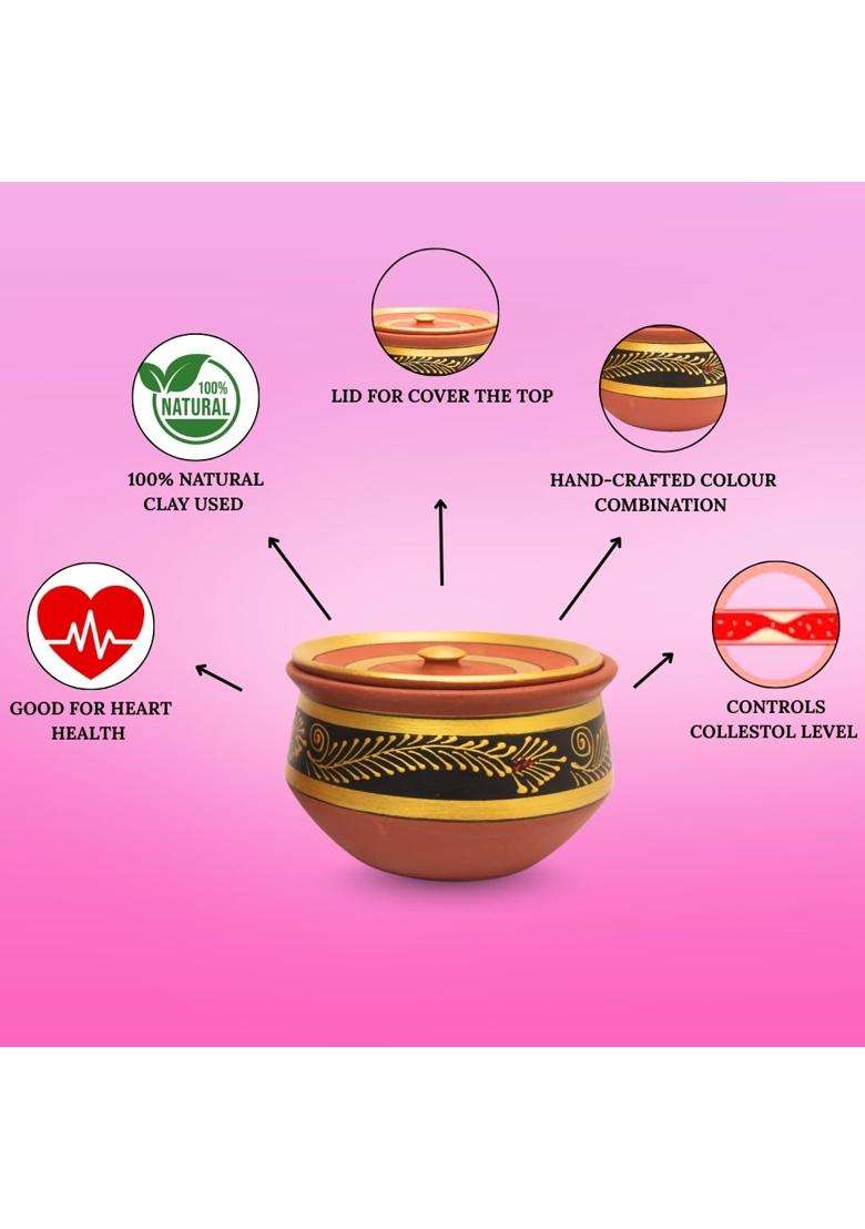 Terra Charms Black Clay Handi Cooking Pot with Lids | 3-Piece Set | Handcrafted | With Lid - Indya