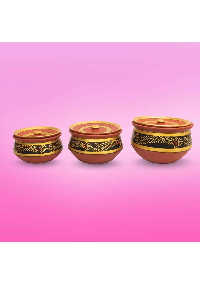 Terra Charms Black Clay Handi Cooking Pot with Lids | 3-Piece Set | Handcrafted | With Lid - Indya