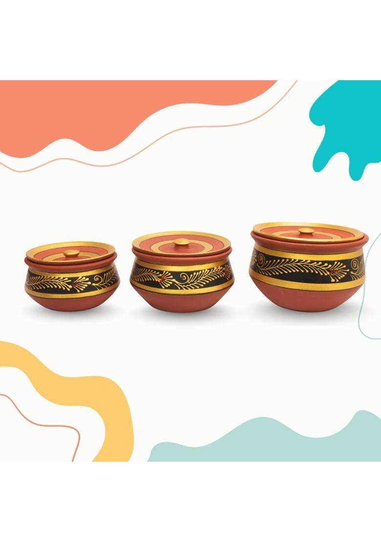Terra Charms Handcrafted Black Clay Handi Cooking Pot with Lids | 3-Piece Set | With Lid - Indya