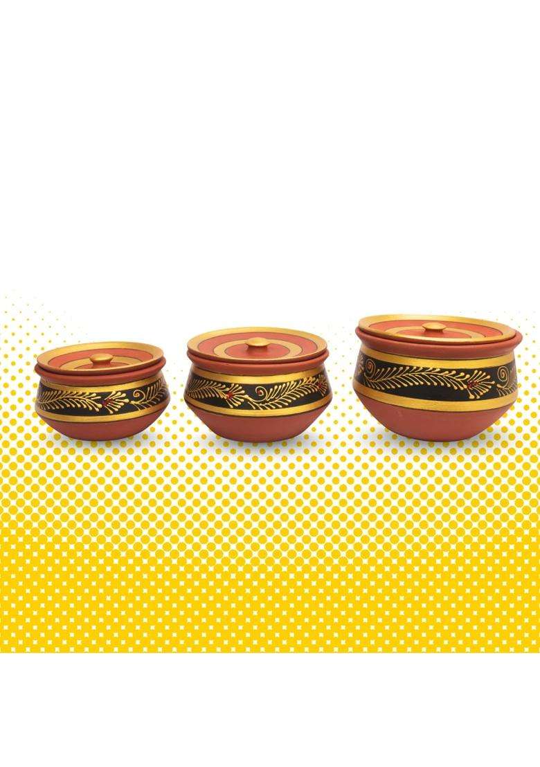 Terra Charms Black Clay Handi Cooking Pot with Lids | 3-Piece Set | Handcrafted | With Lid - Indya
