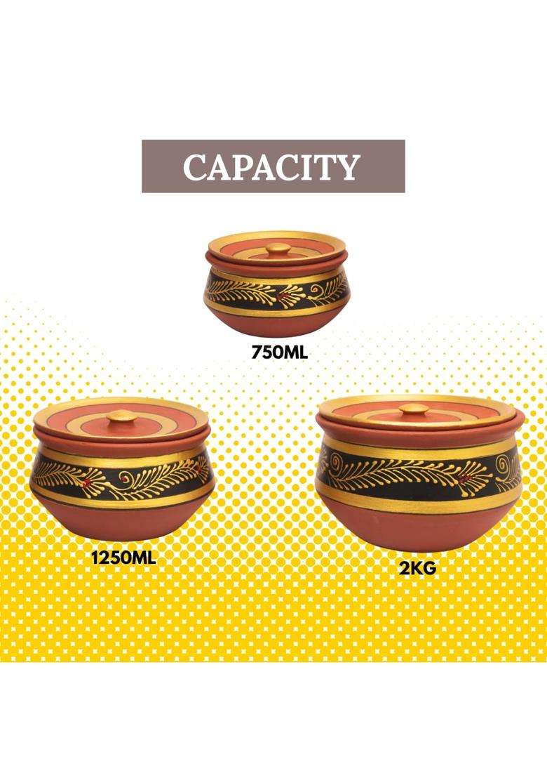 Terra Charms Black Clay Handi Cooking Pot with Lids | 3-Piece Set | Handcrafted | With Lid - Indya
