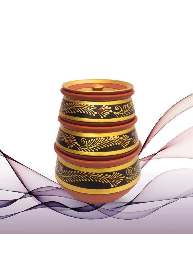 Terra Charms Handcrafted Black Clay Handi Cooking Pot with Lids | 3-Piece Set | With Lid - Indya