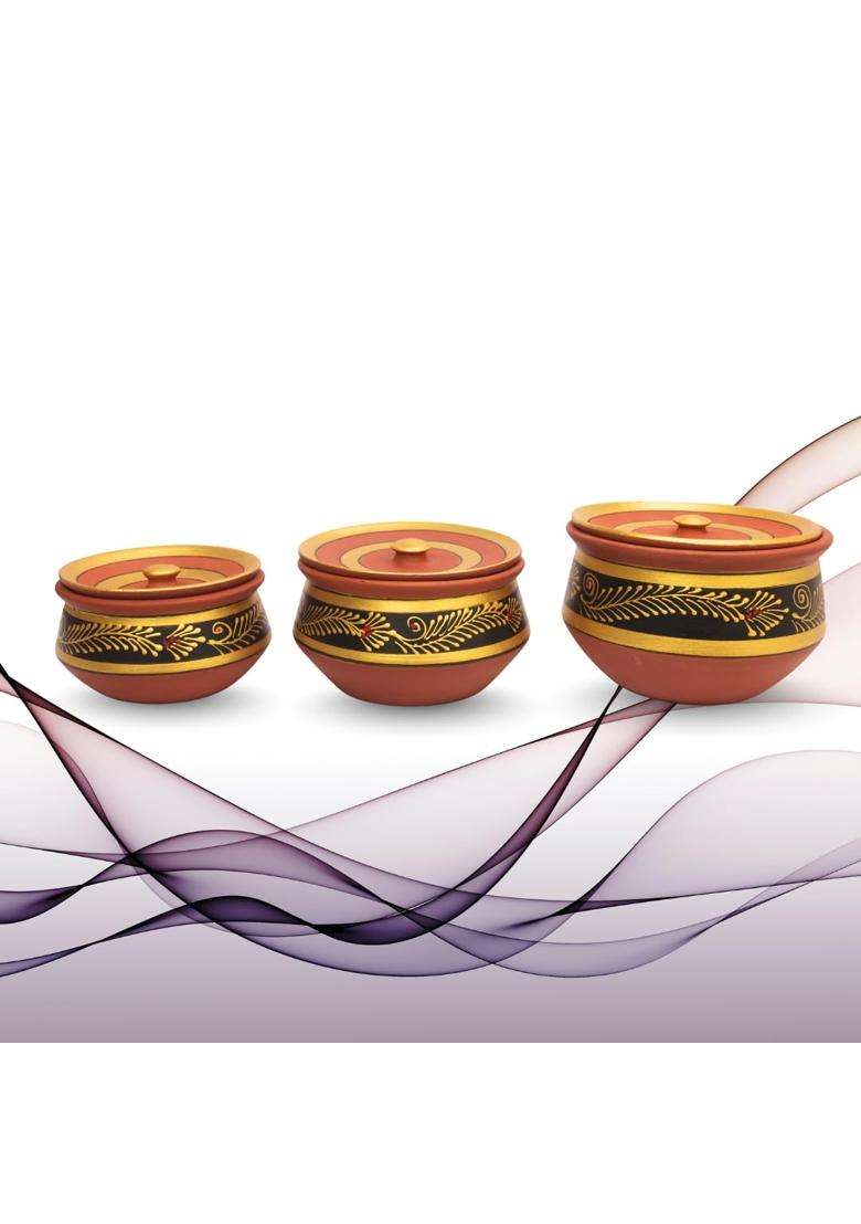 Terra Charms Handcrafted Black Clay Handi Cooking Pot with Lids | 3-Piece Set | With Lid - Indya