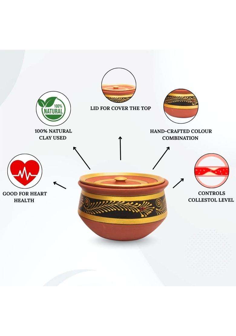 Terra Charms Round Clay Handi Cooking Pot Black | 3-Piece Set - Indya