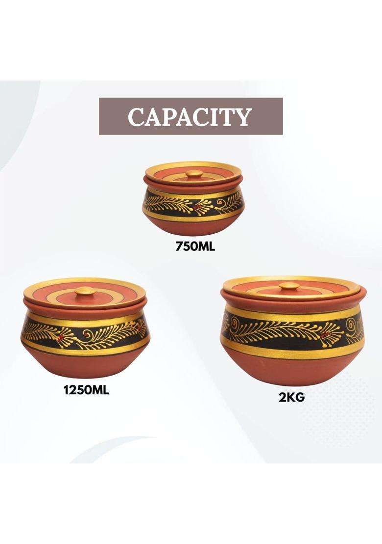 Terra Charms Round Clay Handi Cooking Pot Black | 3-Piece Set - Indya
