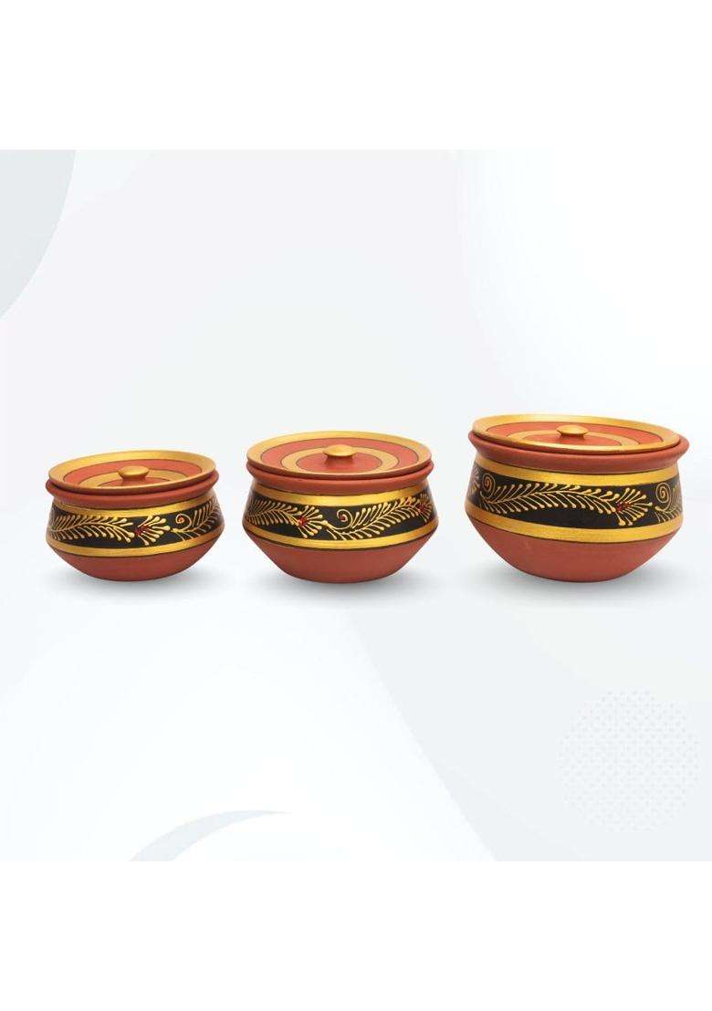 Terra Charms Round Clay Handi Cooking Pot Black | 3-Piece Set - Indya