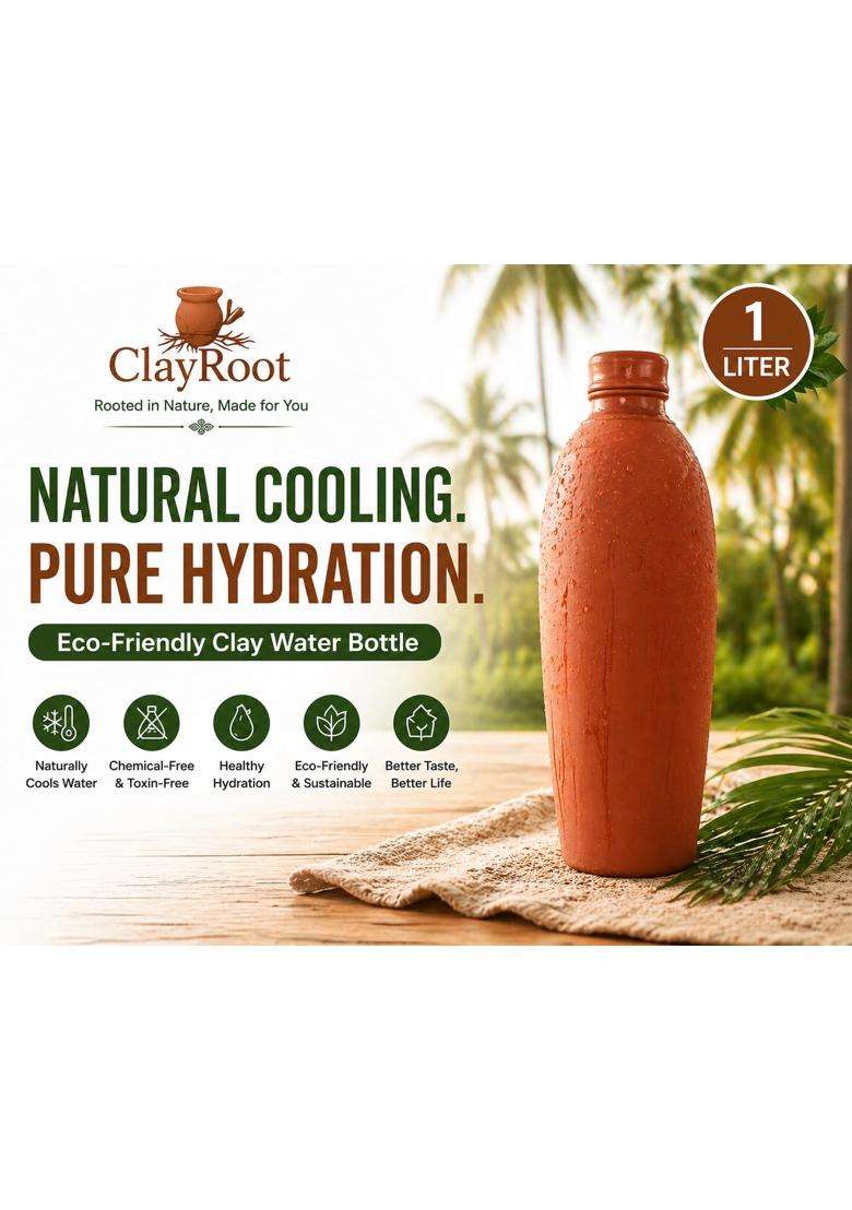 Clay Root Clay Water Bottle | 1 L | 1.1 Qt | Leak Proof - Indya