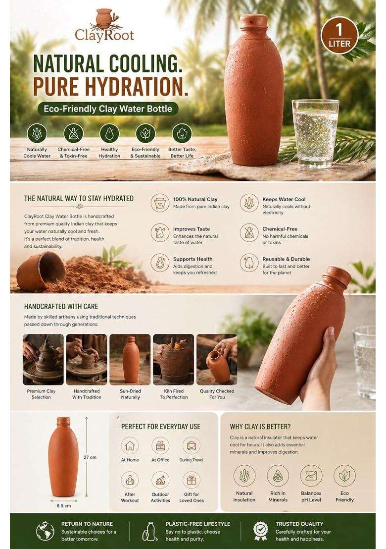 Clay Root Clay Water Bottle | 1 L | 1.1 Qt | Leak Proof - Indya