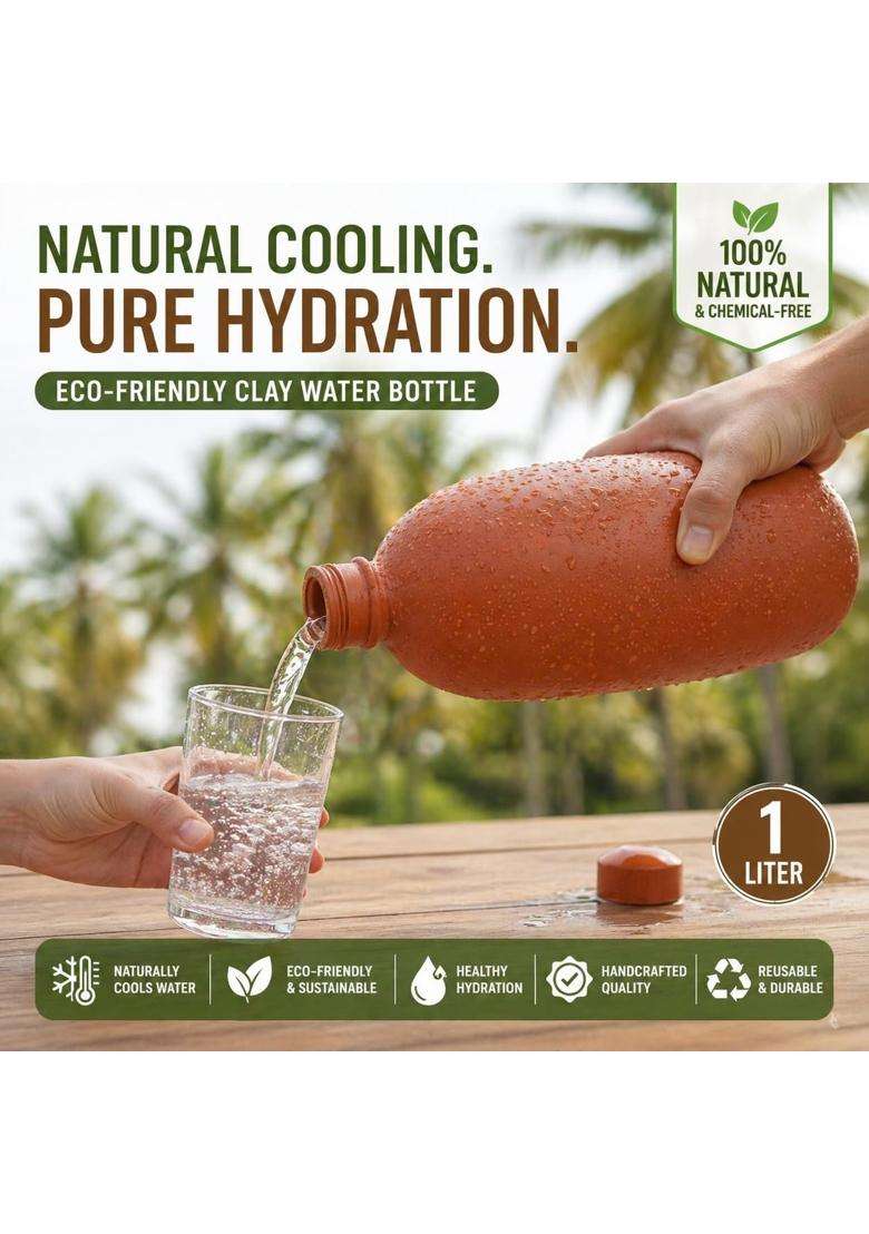 Clay Root Clay Water Bottle | 1 L | 1.1 Qt | Leak Proof - Indya
