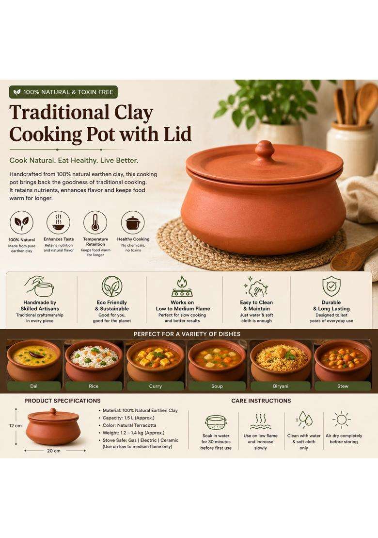 Clay Root Organic Clay Dahi Handi with Lid | 1000 ml | 33.8 fl oz - Indya
