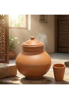RAJENDER CLAY HANDICRAFT Mitti GOL Matka with Glass | 5 L | 5.3 Qt | Handcrafted