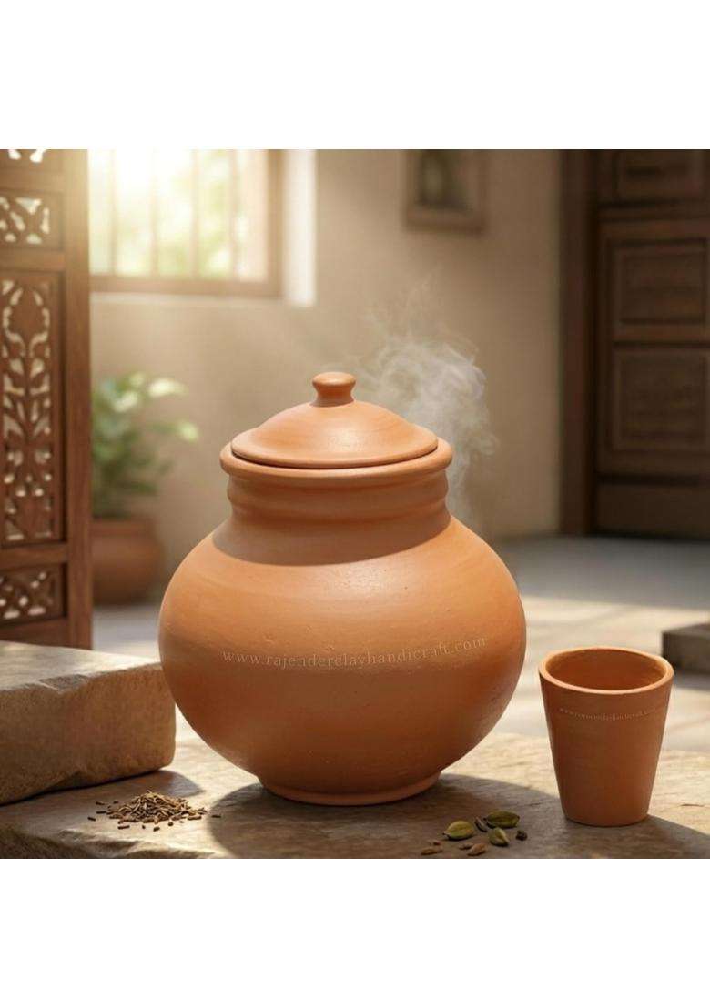 RAJENDER CLAY HANDICRAFT Mitti GOL Matka with Glass | 5 L | 5.3 Qt | Handcrafted - Indya